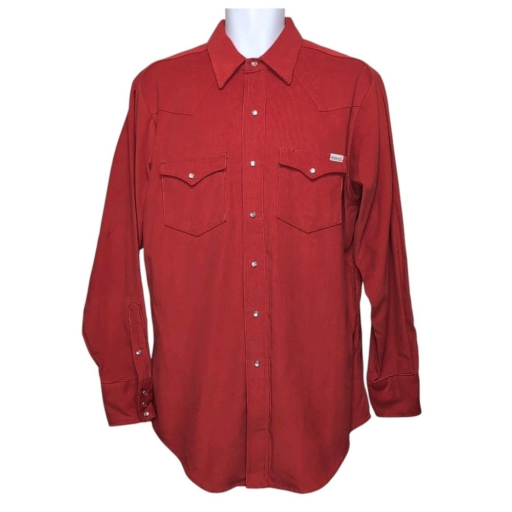 Vtg 70s Roebucks Corduroy Western Shirt Mens LT Large‎ Tall Red Pearl Snap USA